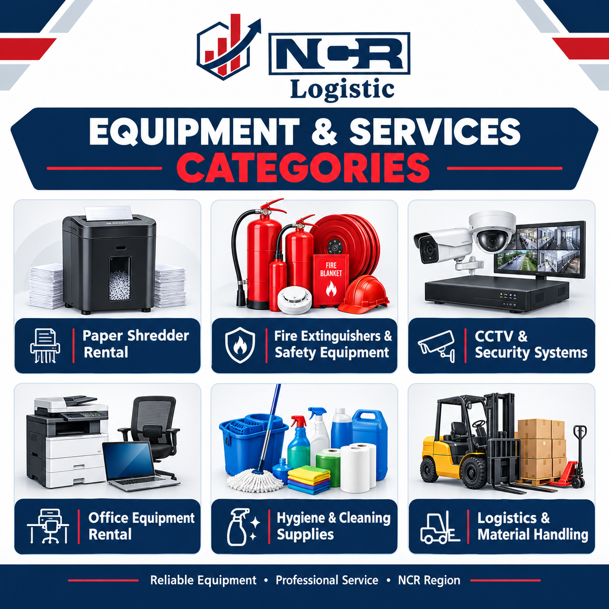 We provide a wide variety of Logistic Equipment & Services like Paper Shredder Rental, Fire Extinguishers, CCTV Security Systems, Office Equipment Rental, Hygiene Products and Material Handling Equipment in Delhi NCR.